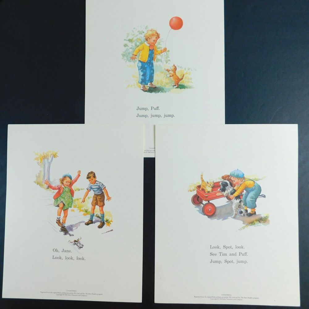 Dick and Jane Art Vintage 1984 Lithograph RePrints Lot of 3 Limited Edition 8x10